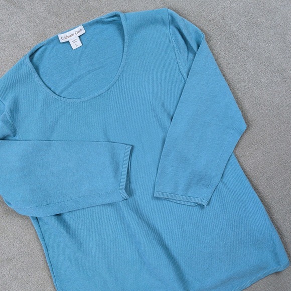 Coldwater Creek Silk Cotton Knit Sweater Womens Large Turquoise 3/4 Sleeve Top — photo 2